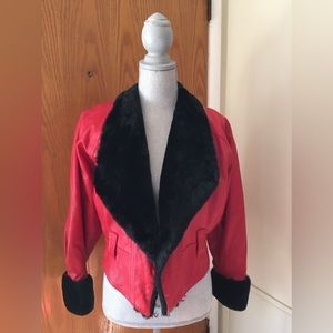 Vtg 80s 90s Red Leather Moto Cropped Bomber Jacket Faux Fur Trim Shoulder Pads S